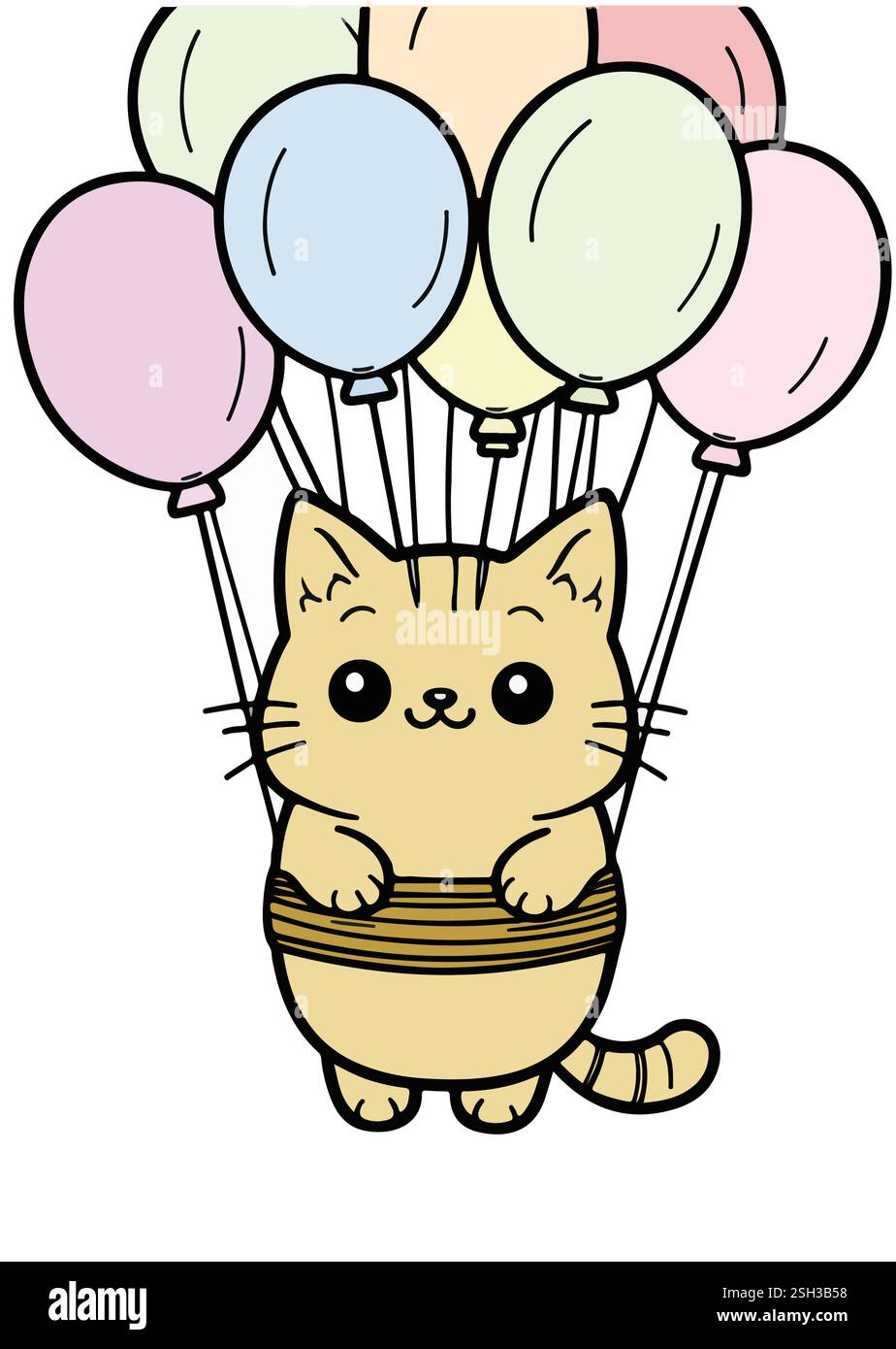 chat avec vecteur de ballon. chat mignon avec des ballons hélium dans la conception d'illustration vectorielle du ciel. Illustration de Vecteur
