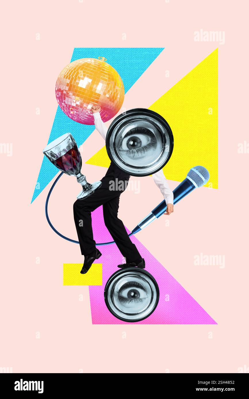 Vertical art créatif tendance collage de anonym Bodyless homme danse disco bal fête célébration Eyeball porter lunettes microphone Banque D'Images