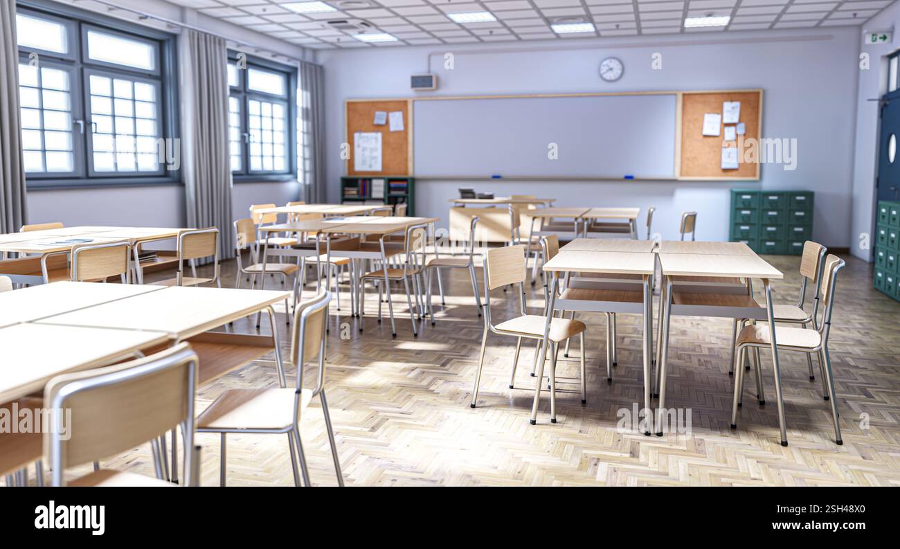 Salle de classe vide avec des bureaux en bois et des chaises 3d fond Banque D'Images