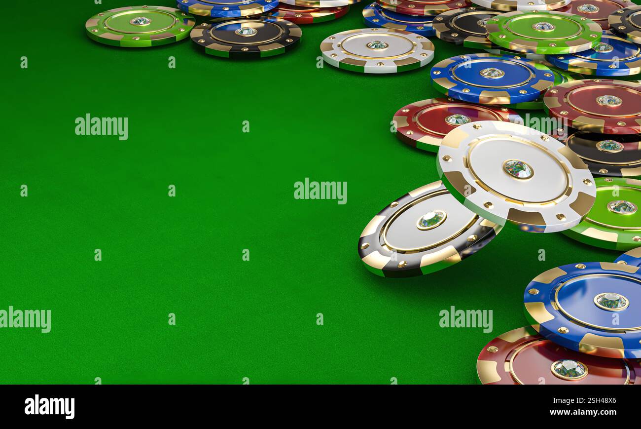 Jetons de casino tombant sur fond de jeu de table verte 3D. Banque D'Images