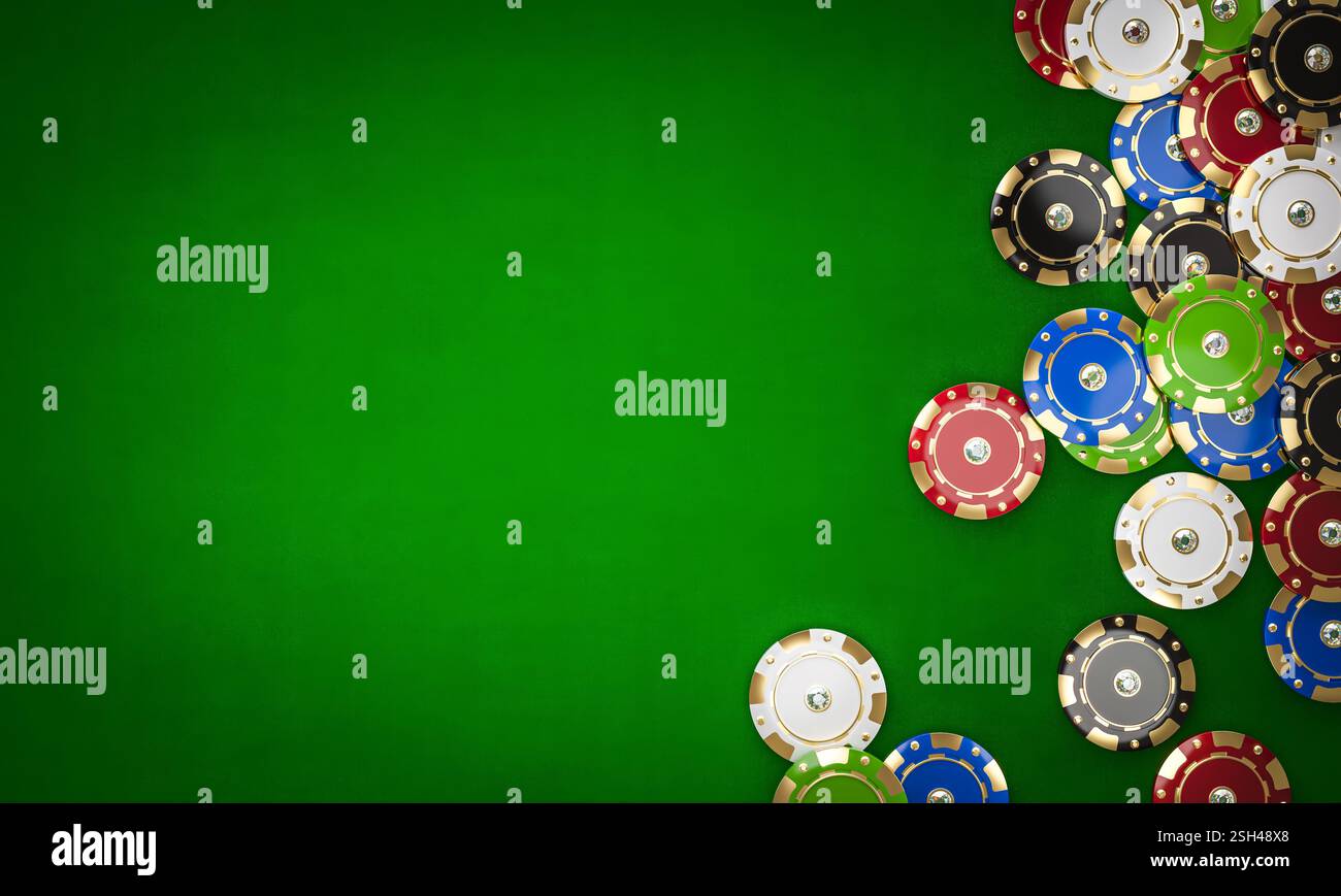 Jetons de poker dispersés sur la table verte créant le fond de jeu 3D. Banque D'Images