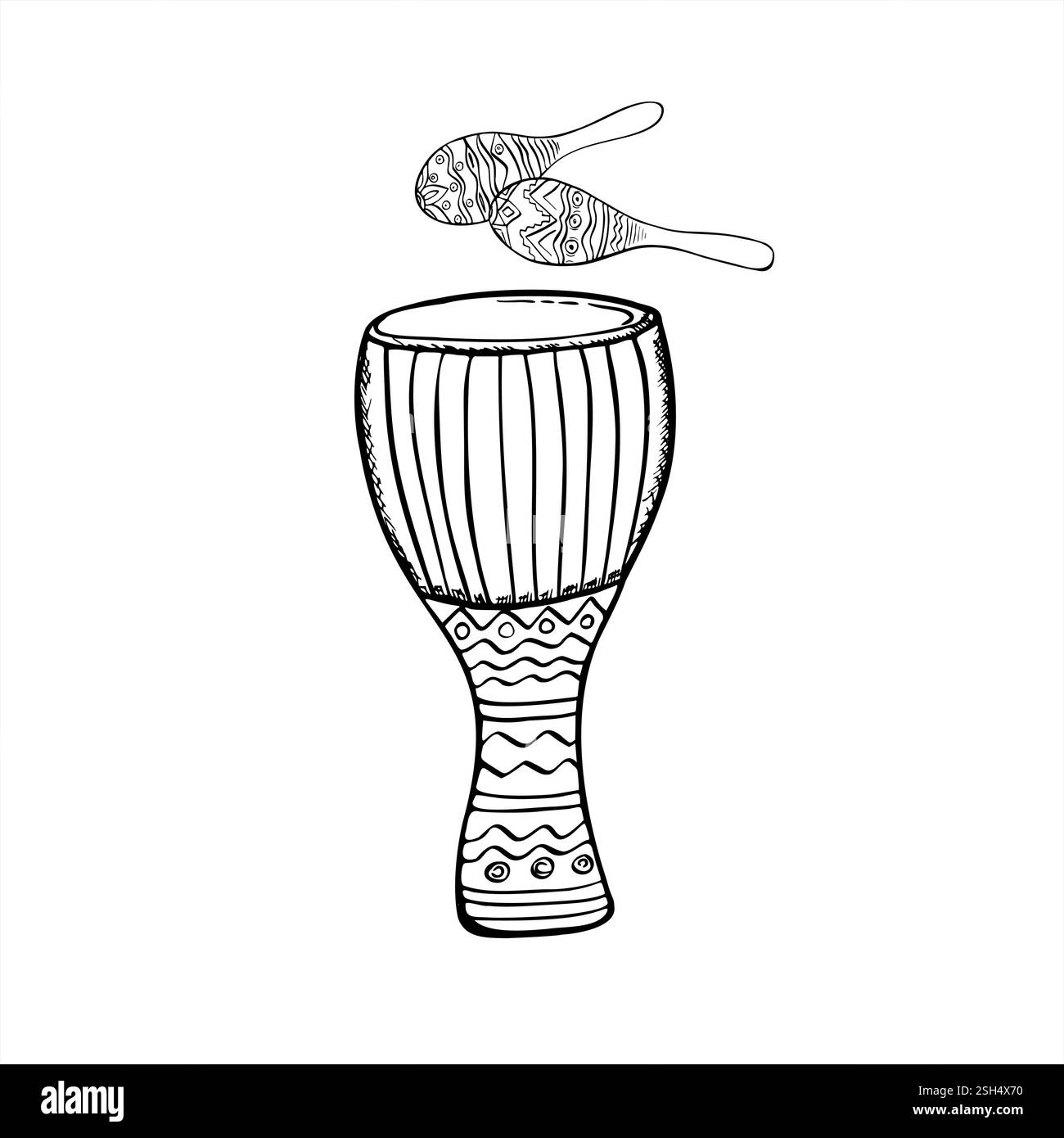 Tambour djembé avec deux shakers maraca colorés illustration aquarelle arrière-plan isolé. Instruments de percussion de musique traditionnelle latine et des Caraïbes Illustration de Vecteur
