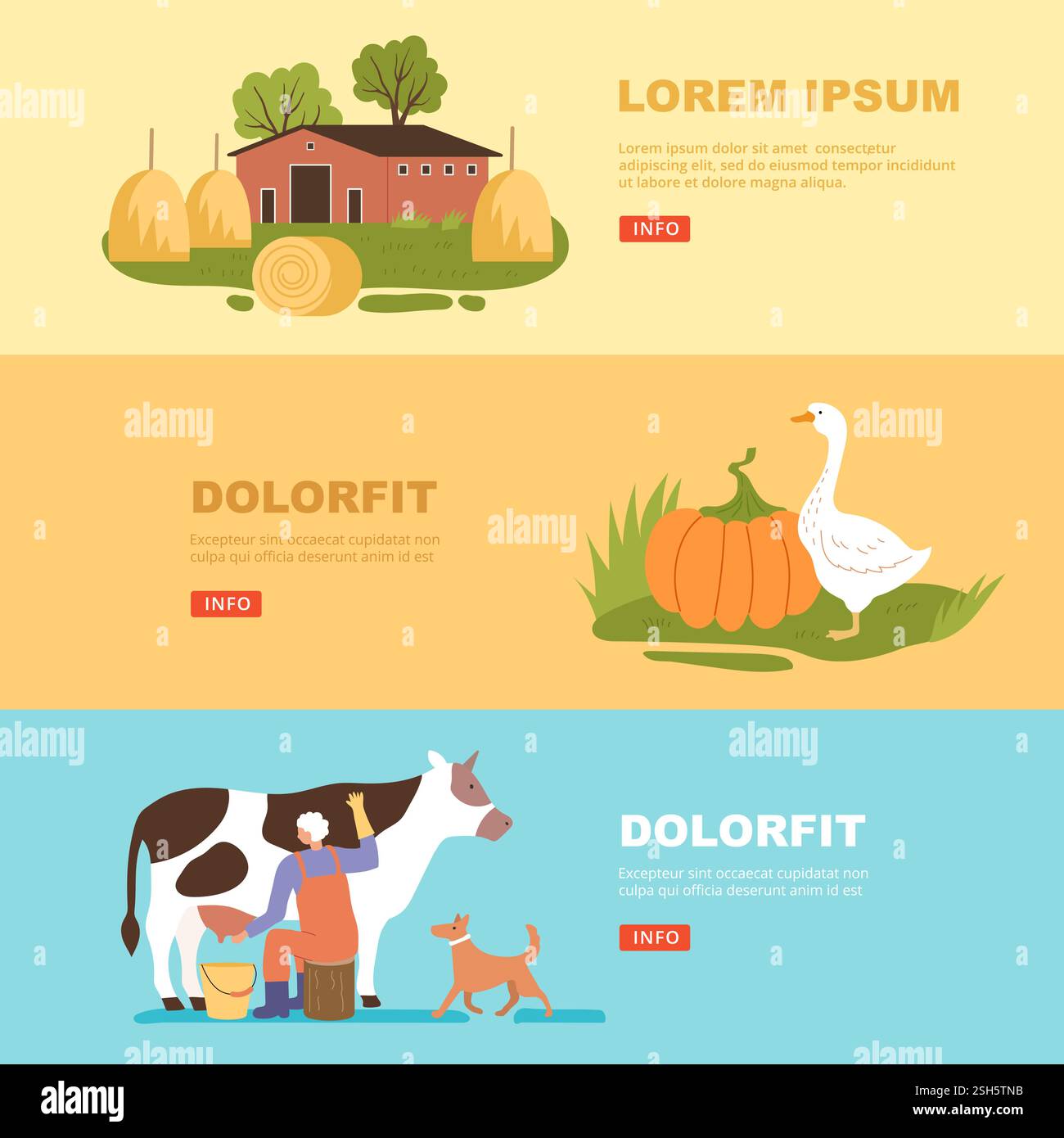 Agriculteurs. bannières avec routine quotidienne de style de vie agricole sur le village. animaux de ferme de vecteur dans le style plat Illustration de Vecteur Agriculteurs. bannières avec routine quotidienne de style de vie agricole sur le village. animaux de ferme de vecteur dans le style plat Illustration de Vecteur