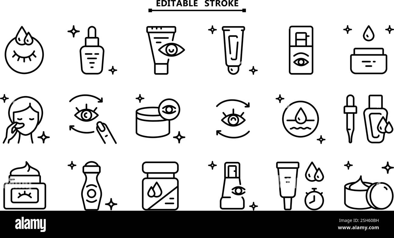 Jeu d'icônes de ligne de crème pour les yeux. Contour modifiable. Collection de symboles de soins de la peau. Crème pour les yeux créative. Dessin simple isolé par vecteur. Illustration de Vecteur