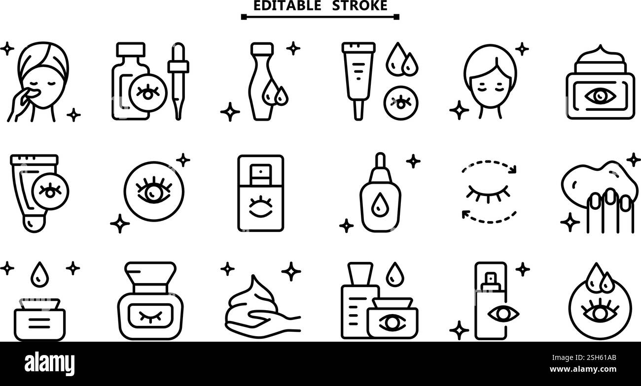 Icônes de contour de crème pour les yeux définies. Contour modifiable. Collection de symboles de soins de la peau. Crème pour les yeux créative. Dessin simple isolé par vecteur. Illustration de Vecteur