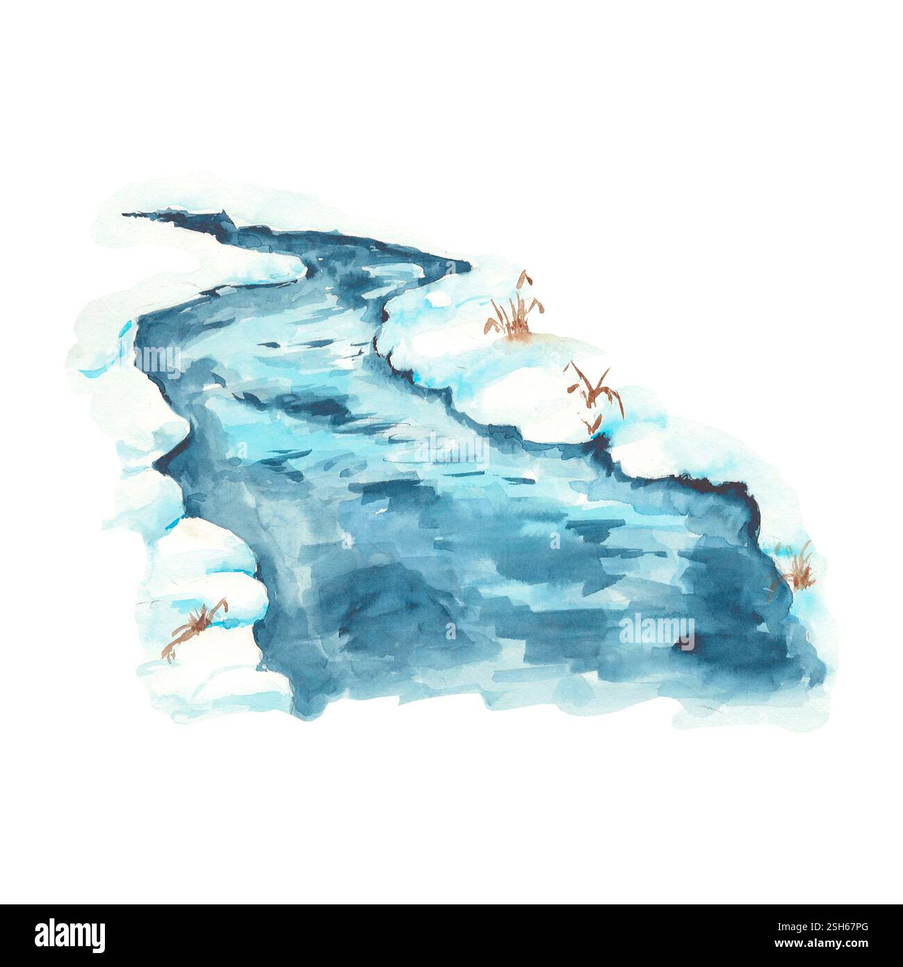 Rivière avec des banques dans la neige et l'herbe illustration aquarelle dessinée à la main. Ruisseau avec de l'eau bleue. Illustration isolée pour créer un paysage saisonnier, Banque D'Images