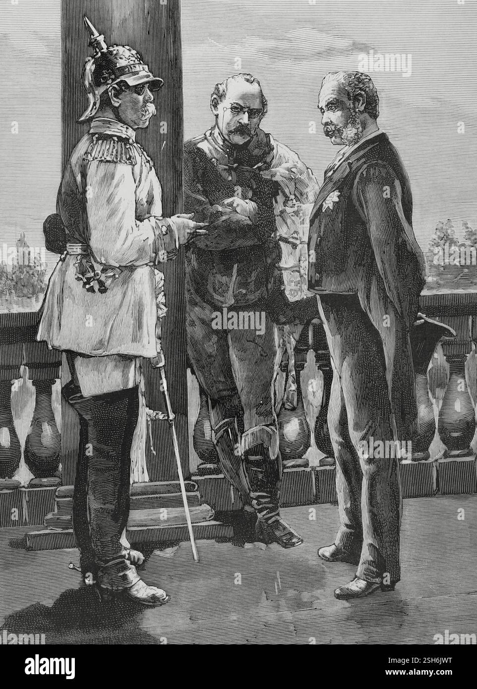 Ligue des trois empereurs. Alliance formée de 1873 à 1887 par les empereurs des empires allemand, austro-hongrois et russe. Ils ont créé un front commun pour s'opposer aux formes libérales de gouvernement en Europe occidentale. Réunion des trois empereurs à Skierniewicz (Pologne) (15-17 septembre 1884). Chanceliers Otto von Bismarck (allemand), Nikolay Girs (russe) et Gustave Kálnoky (autrichien). Gravure. L'illustration espagnole et américaine (la Ilustración Española y Americana), 8 octobre 1884. Banque D'Images