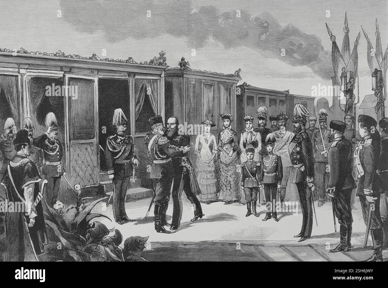 Ligue des trois empereurs. Alliance formée de 1873 à 1887 par les empereurs des empires allemand, austro-hongrois et russe. Ils ont créé un front commun pour s'opposer aux formes libérales de gouvernement en Europe occidentale. Réunion des trois empereurs à Skierniewicz (Pologne) (15-17 septembre 1884). Arrivée de l'empereur Guillaume Ier d'Allemagne à Skierniewice. Gravure. L'illustration espagnole et américaine (la Ilustración Española y Americana), 8 octobre 1884. Banque D'Images