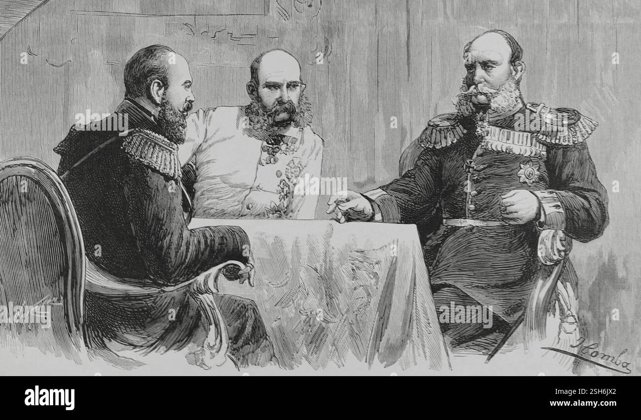 Ligue des trois empereurs. Alliance formée de 1873 à 1887 par les empereurs des empires allemand, austro-hongrois et russe. Ils ont créé un front commun pour s'opposer aux formes libérales de gouvernement en Europe occidentale. Réunion des trois empereurs à Skierniewicz (Pologne) (15-17 septembre 1884). Dans la soirée du 16 septembre, les empereurs Alexandre III (Russie), Franz Joseph (Autriche), Guillaume Ier (Allemagne) et leurs ministres respectifs, Otto von Bismarck (allemand), Nikolay Girs (russe) et Gustave Kálnoky (autrichien), se sont rencontrés dans le palais du tsar. Ils ont discuté des relations mutuelles et des politiques liées à P. Banque D'Images