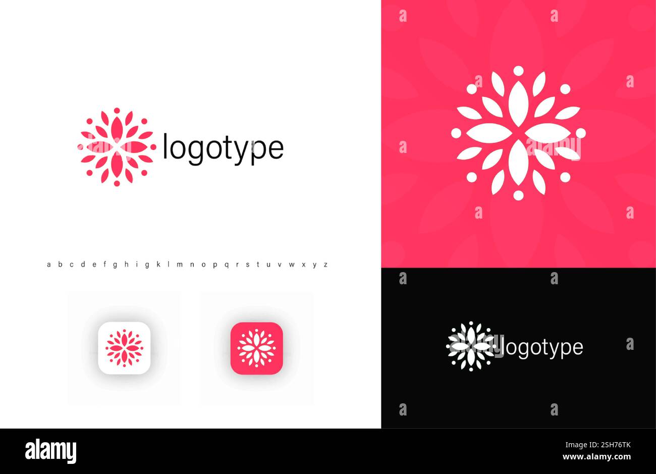 Logo floral élégant avec pétales symétriques, symbolisant la beauté, l'harmonie et la sophistication. Idéal pour le bien-être, les cosmétiques, la mode et le luxe Illustration de Vecteur