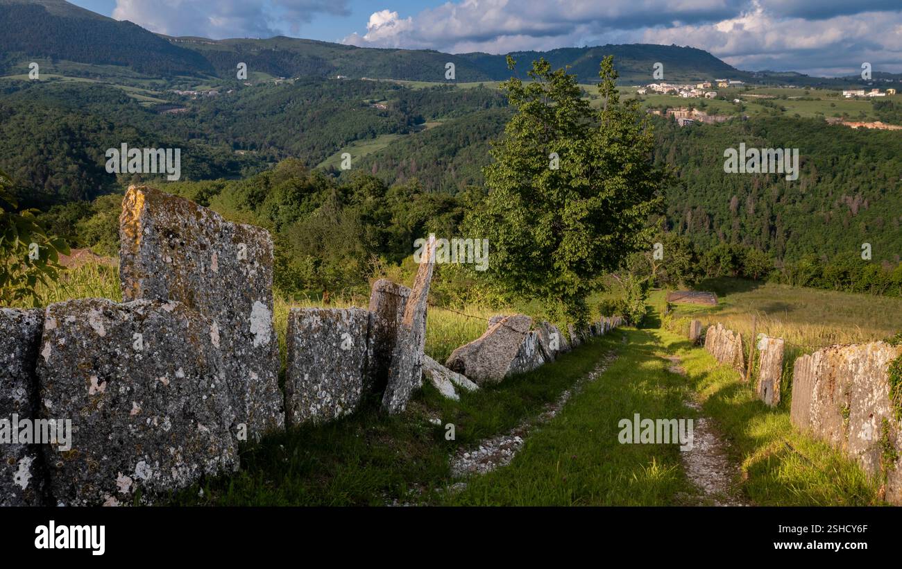 Clôture en mur de pierre sèche et barbelés, utilisée pour délimiter les pâturages et les champs cultivés dans le Parc naturel régional du plateau de Lessinia, en Italie Banque D'Images