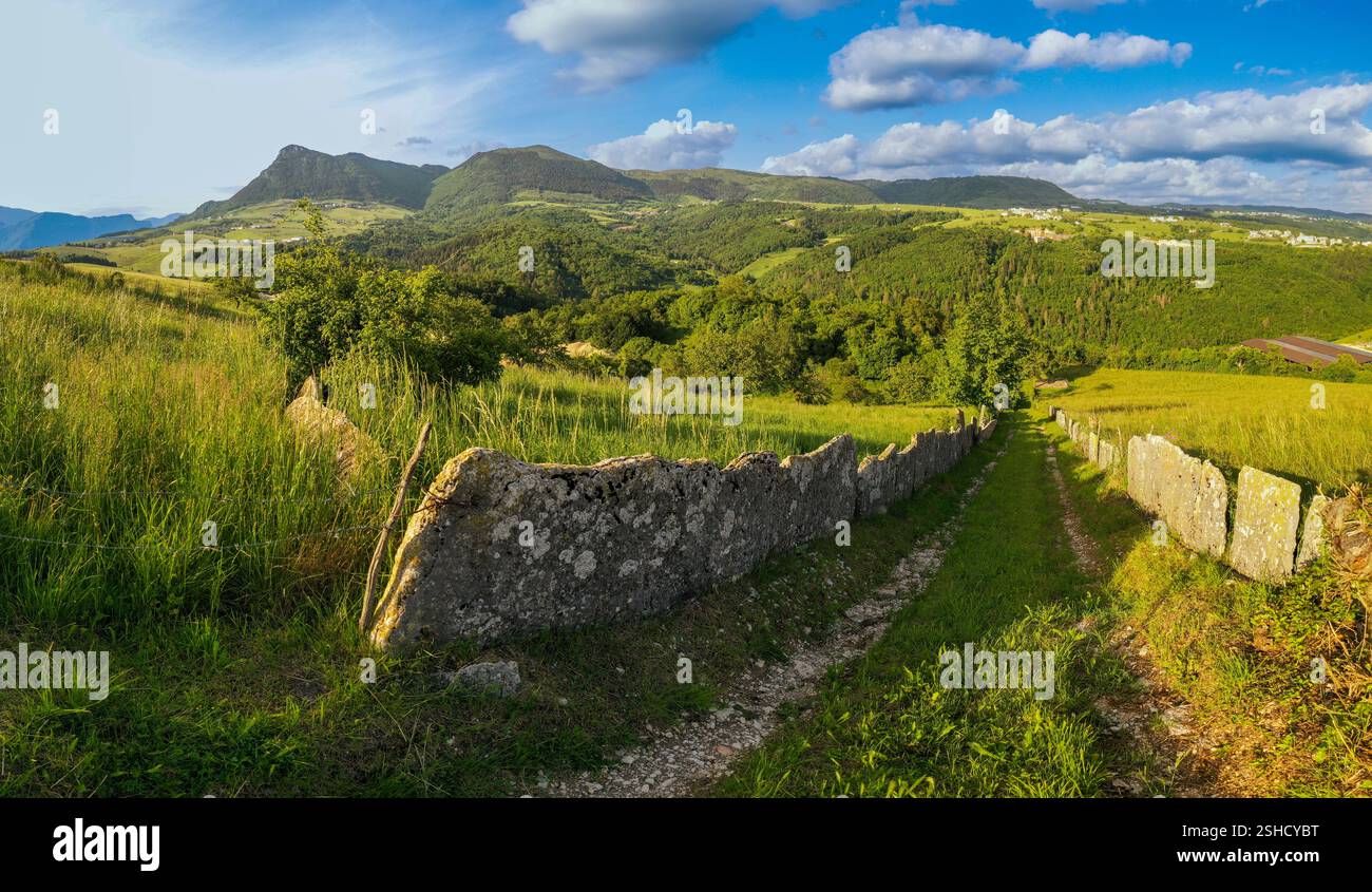 Clôture en mur de pierre sèche et barbelés, utilisée pour délimiter les pâturages et les champs cultivés dans le Parc naturel régional du plateau de Lessinia, en Italie Banque D'Images