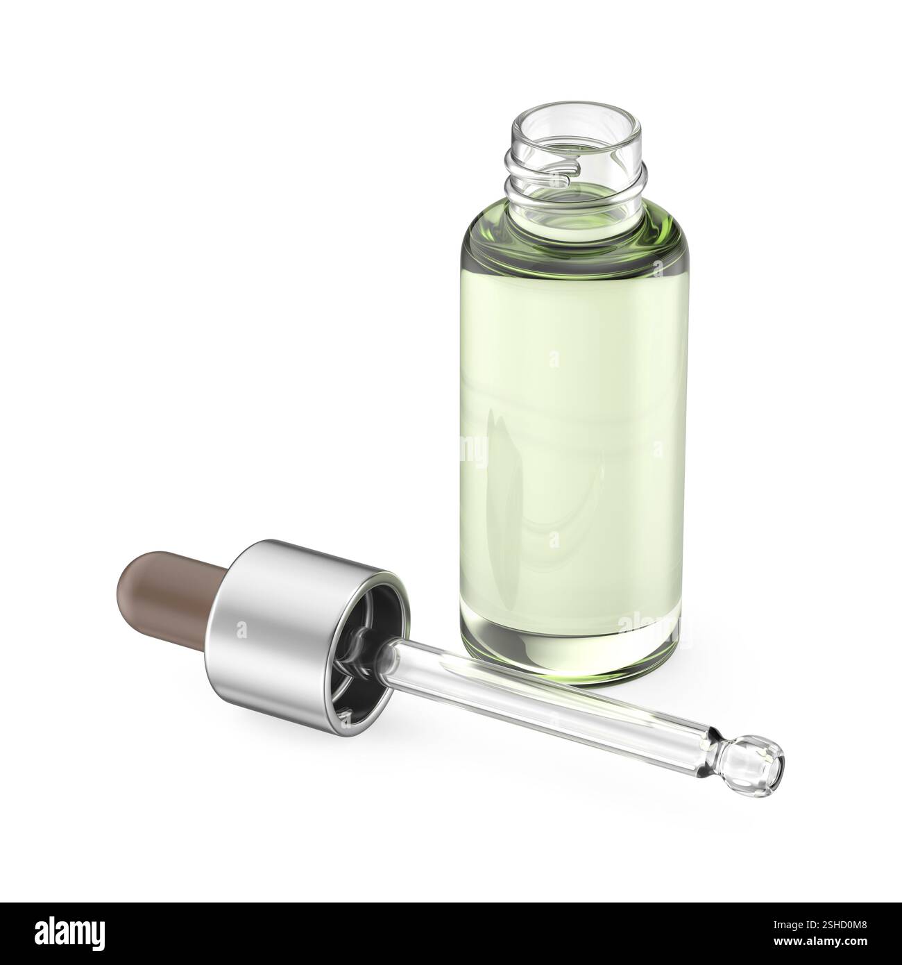 Bouteille en verre avec liquide vert et pipette sur fond blanc Banque D'Images
