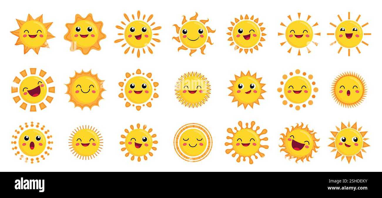 Jeu de cliparts de dessin de personnages solaires. Soleil émoticône clip art caractère jaune dans le vecteur de collection d'expression faciale heureux, mignon, amusant et ludique Illustration de Vecteur