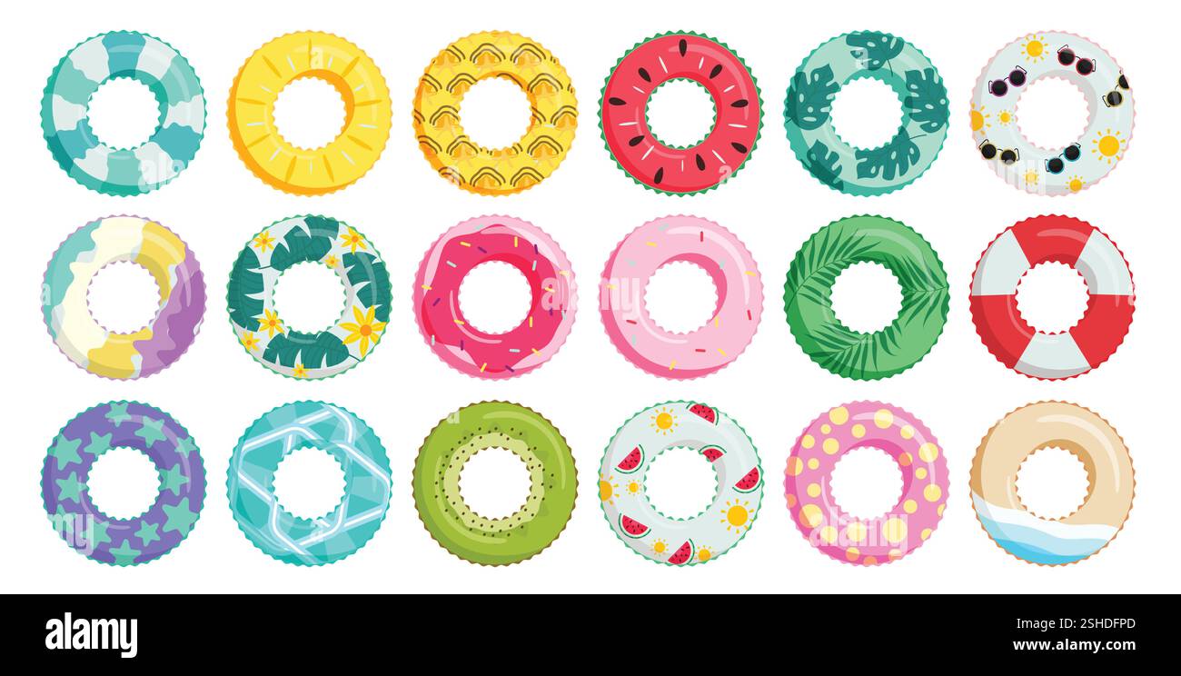 Ensemble de cliparts flotteurs d'été. Flotteurs et collection gonflable d'art clip anneau avec illustration vectorielle colorée d'éléments de natation de conception. Illustration de Vecteur