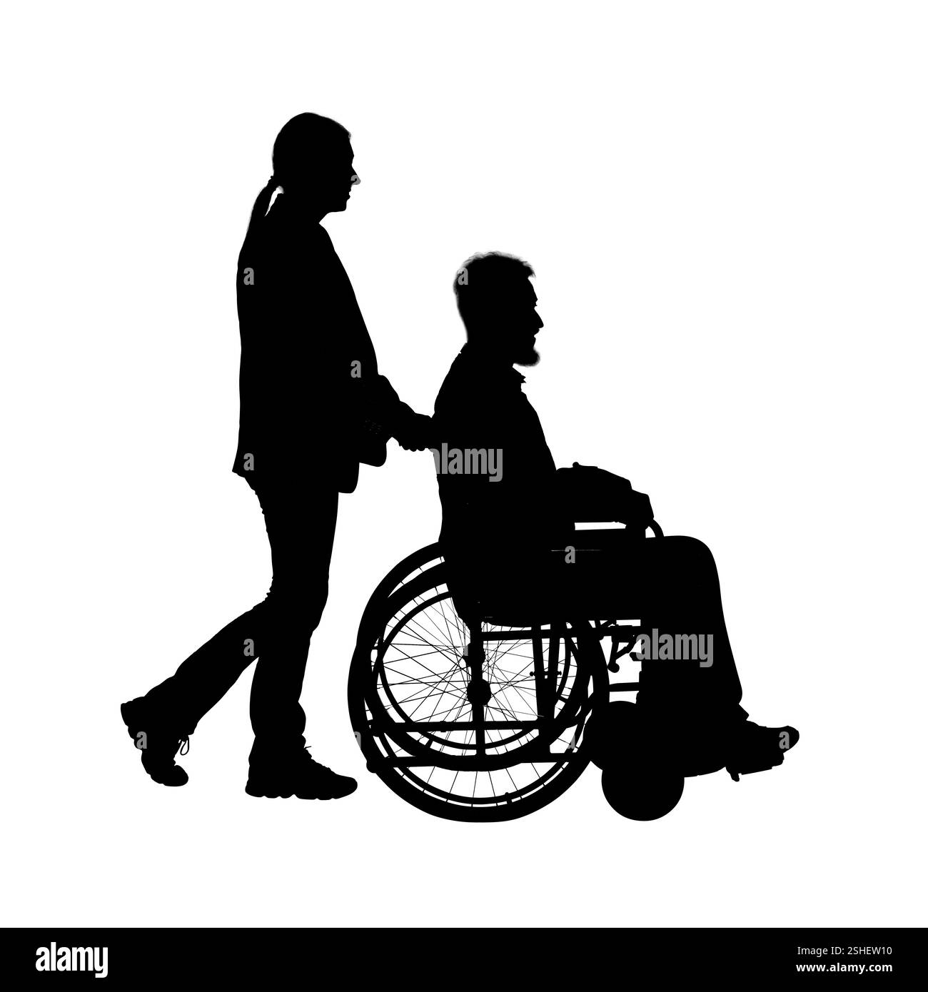 Silhouette de femme avec homme en fauteuil roulant sur fond blanc Banque D'Images