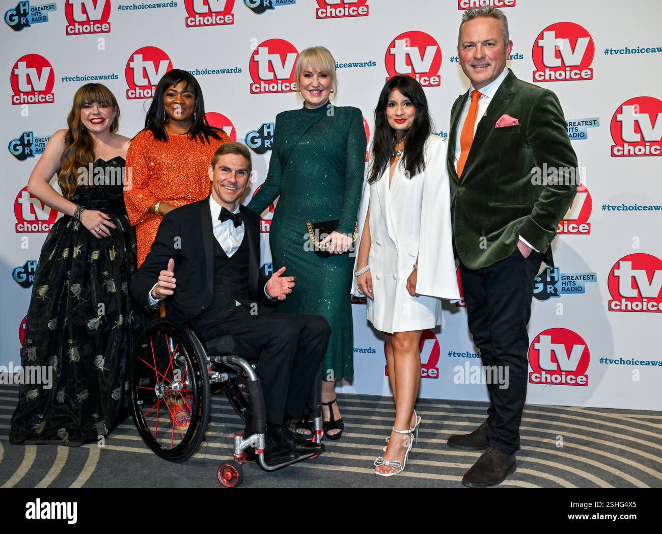 Londres, Royaume-Uni. 10 février 2025. Briony May Williams, Denise Nurse, Steve Brown, Nicki Chapman, Sonali Shah et Jules Hudson assistent aux TV Choice Awards 2025 au Hilton Park Lane de Londres, au Royaume-Uni. Crédit : LFP/Alamy Live News Banque D'Images