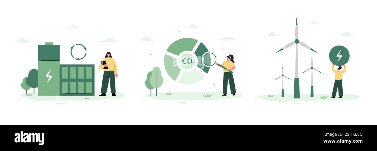 Kit d'illustration durable et écologique. Générateurs d'électricité éolienne. Centrale électrique ECO. Usine produisant de l'électricité pour l'industrie. Vecteur en plat Illustration de Vecteur