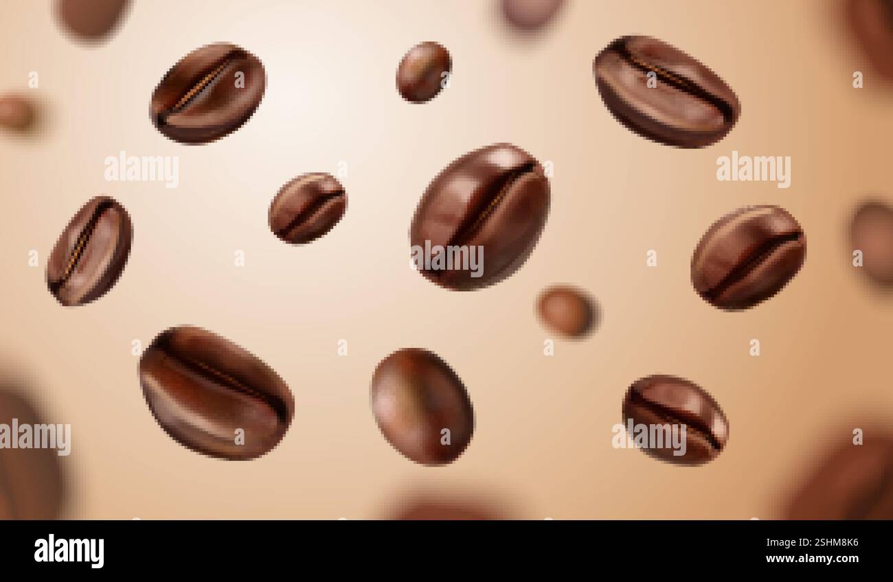Les grains de café tombent. Haricot torréfié réaliste, grain moussant volant graines de caféine arabe ingrédient café magasin d'alimentation ad fond abstrait, macro exact illustration vectorielle illustration illustration originale Illustration de Vecteur