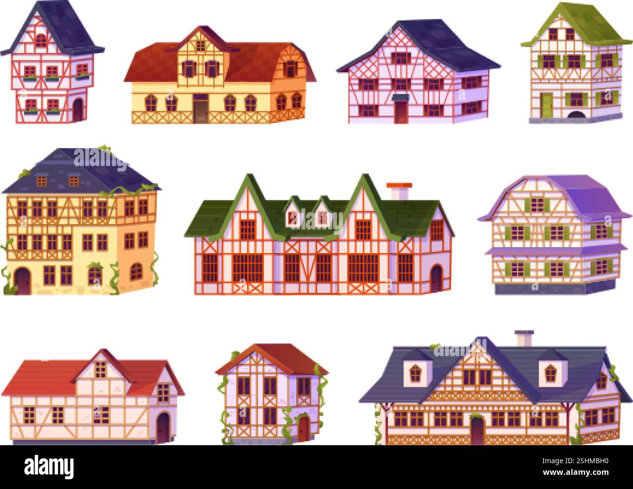 Maisons allemandes médiévales. Vieille maison à colombages façade de maison traditionnelle de l'allemagne avec verdure, cottage de village français normaux bâtiments EUROPA vintage, illustration vectorielle chic illustration d'œuvres d'art originales Illustration de Vecteur