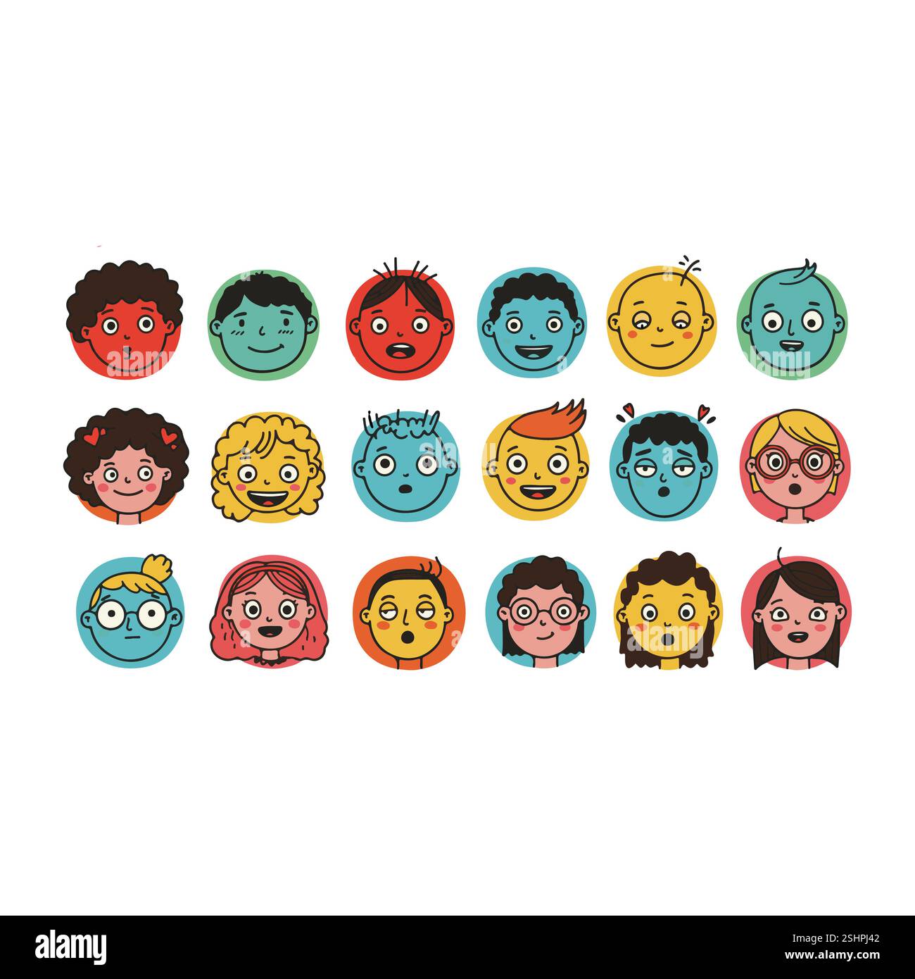 Visages Emoji colorés dessinés à la main avec des expressions et des coiffures uniques Illustration de Vecteur