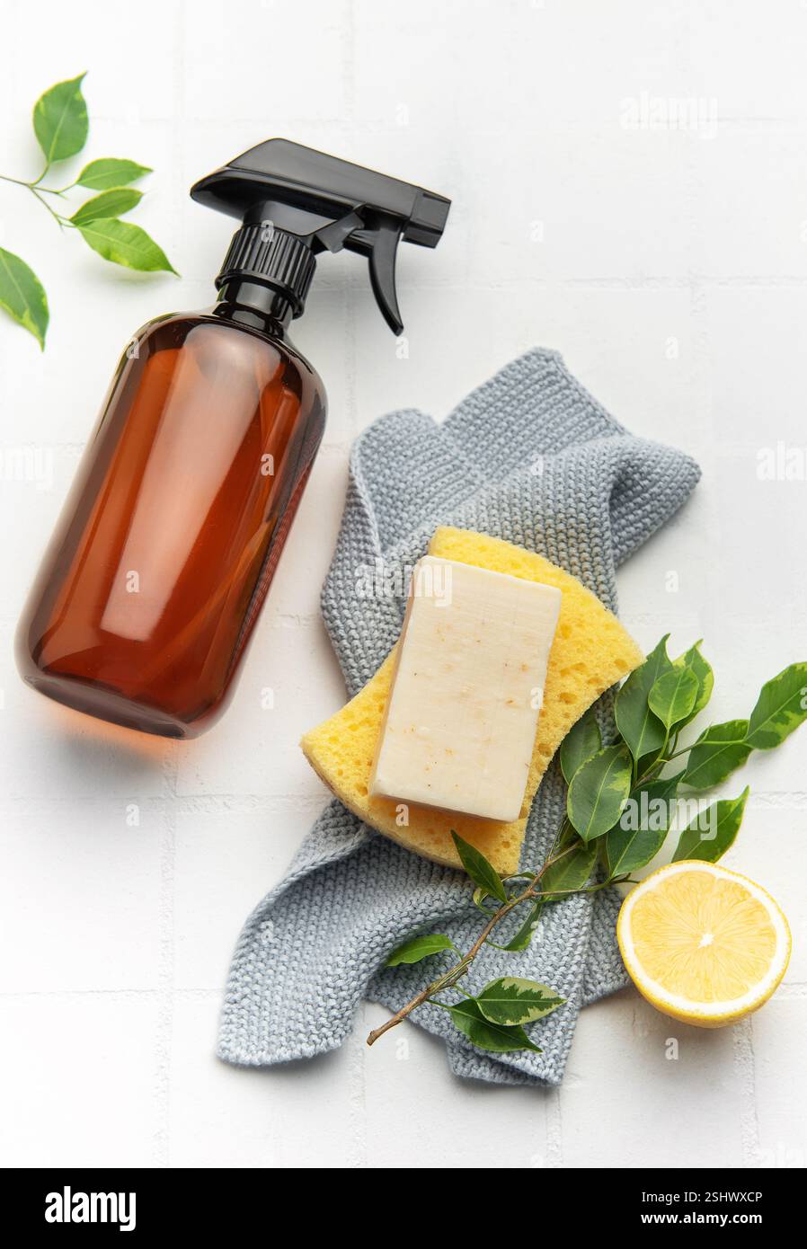 Produits et outils de nettoyage naturels favorisant un mode de vie écologique et durable Banque D'Images