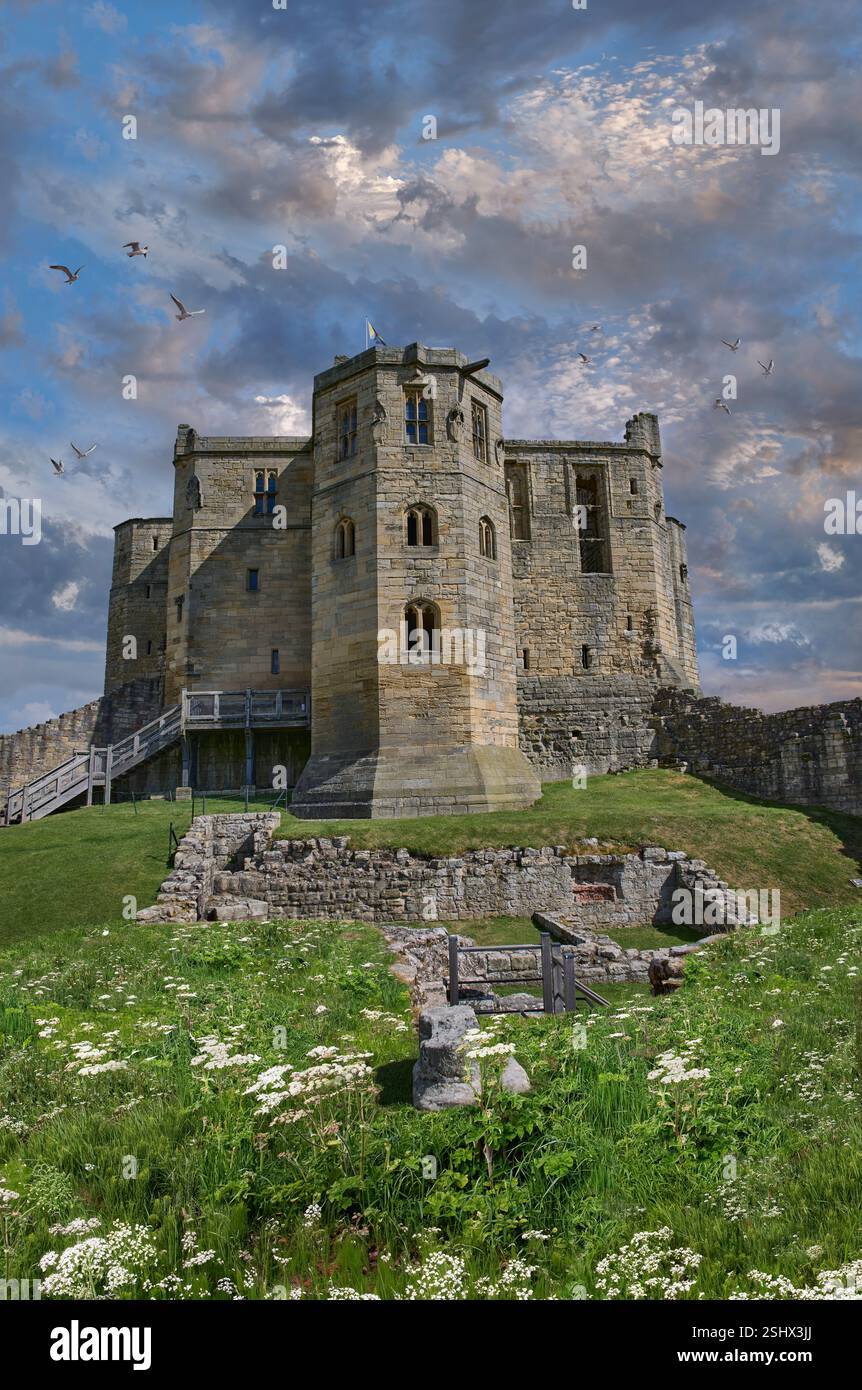 Photo du pittoresque château médiéval de Warkworth, 1157-1164, situé à côté de la rivière Coquet dans le village de Warkworth, Northumberland Angleterre. Guerre Banque D'Images