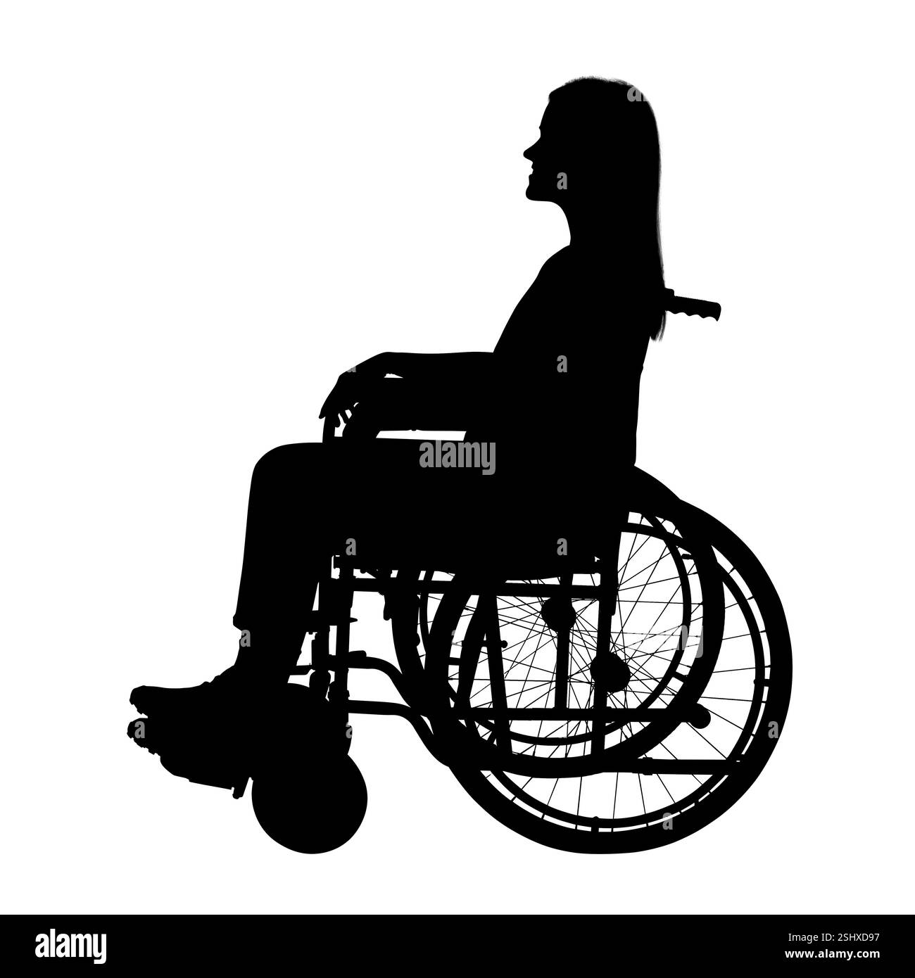 Silhouette de femme en fauteuil roulant sur fond blanc Banque D'Images