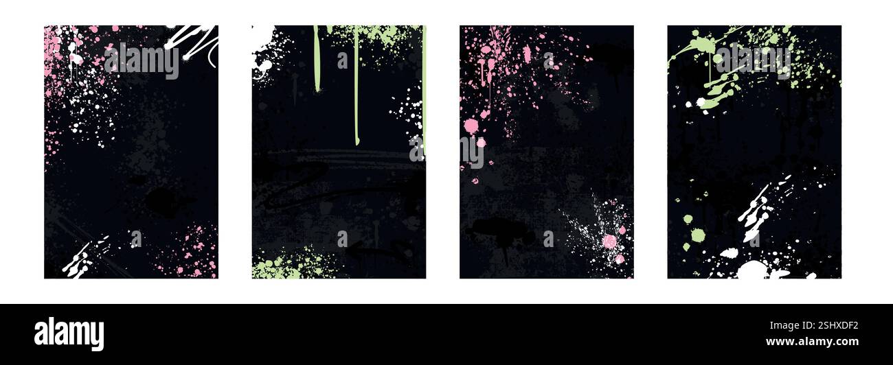 Bordures de graffiti abstraites, cadres rectangulaires avec des gouttes de peinture en aérosol, texture éclaboussure, éléments urbains et gouttes d'encre. Ensemble vectoriel de couvertures noires d'art de rue hip hop dessinées à la main avec des éclaboussures de grunge sales Illustration de Vecteur