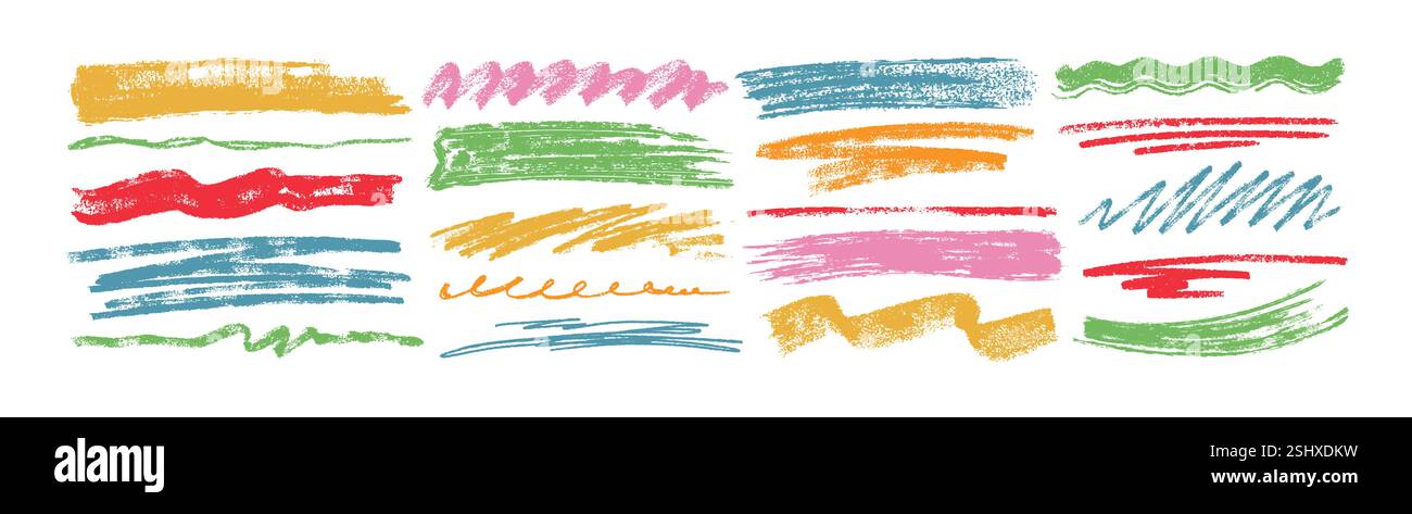 Soulignements de couleur fusain, griffonnages et coups de pinceau ondulés. Griffonnages dessinés à la main pour enfants, lignes bouclées. Craie crayon penser et rayures rugueuses, taches de crayon à main levée isolées sur fond blanc Illustration de Vecteur