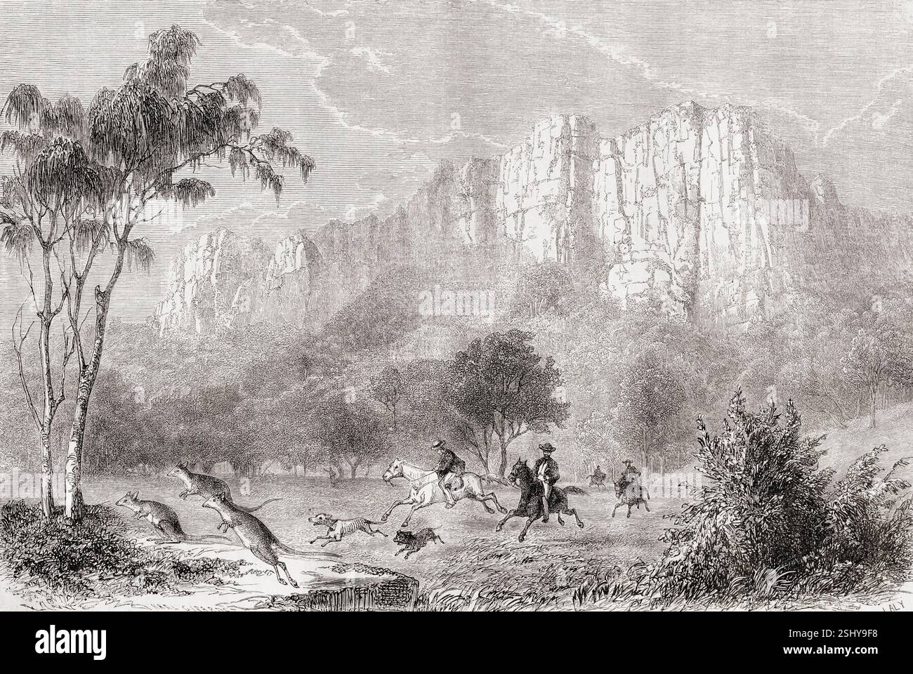 Chasse aux kangourous à Victoria, Australie, 19ème siècle. Extrait de souvenir d'un squatter Francais en Australie ou mémoire d'un squatter français en Australie par Hubert de Castella, 1825 - 1907. Swiss - écrivain australien, artiste et vigneron. En vedette dans le Tour du monde, publié en 1861. Banque D'Images