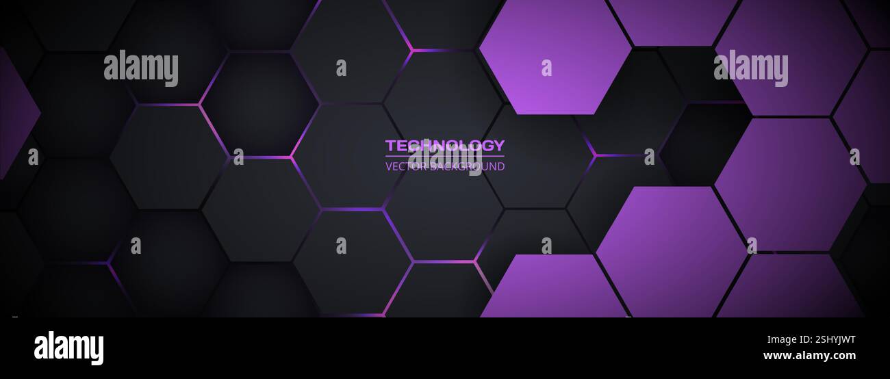 Fond vectoriel abstrait horizontal de technologie hexagonale violet foncé. L'énergie lumineuse violette et rose clignote sous l'hexagone dans le moderne futuriste Illustration de Vecteur