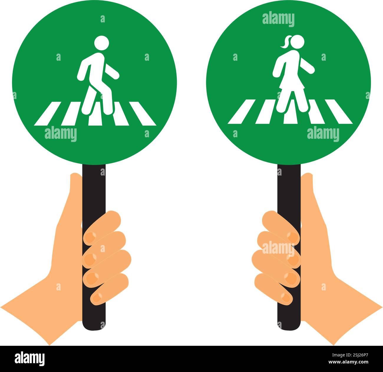 Mains tenant des signes ronds verts avec des signes de passage homme et femme sur un fond blanc Illustration de Vecteur
