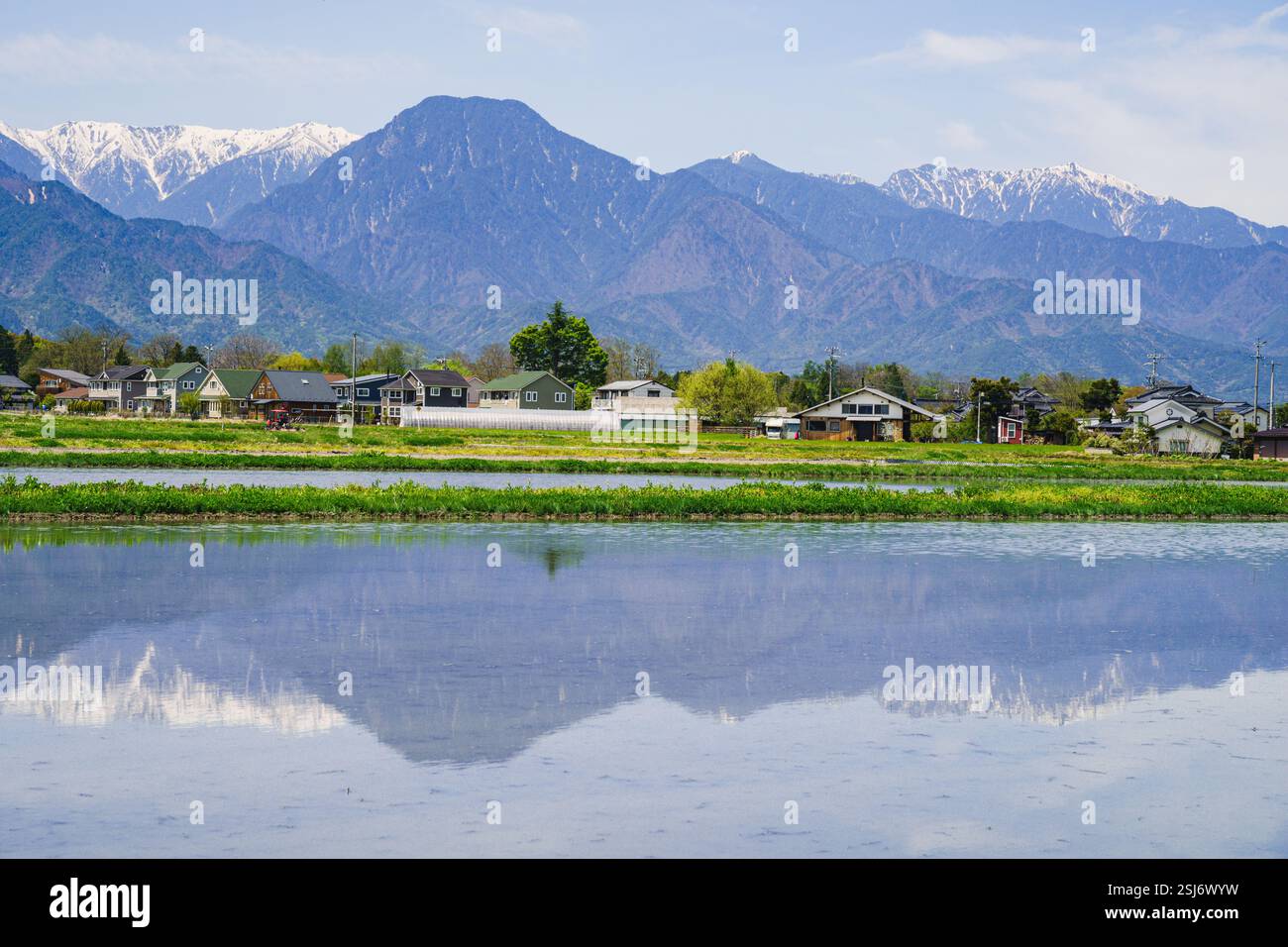 Ariake Yama | Alpes japonaises reflétées dans un rizier à Azumino, Nagano, Japon Banque D'Images