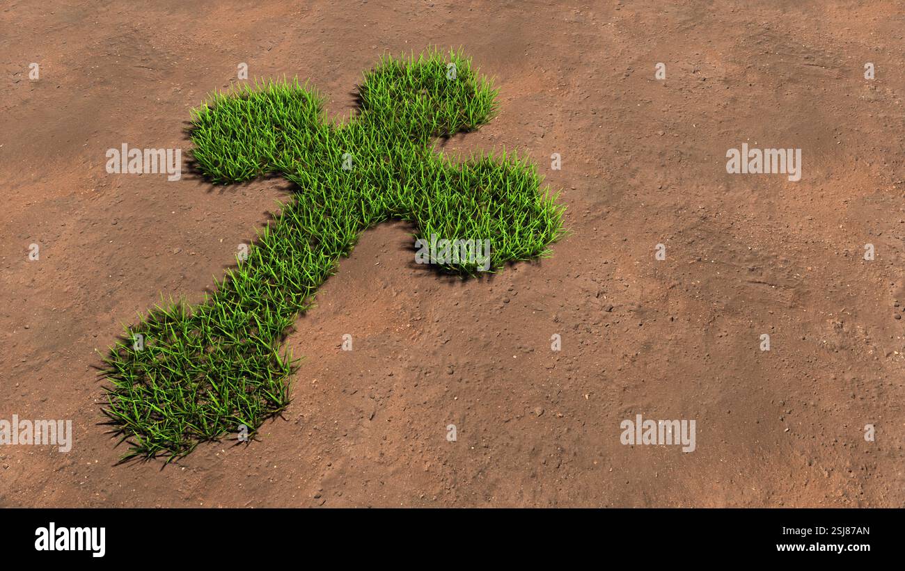 Concept conceptuel vert été pelouse herbe symbole forme sur sol brun ou fond de terre, signe de la croix chrétienne religieuse. 3d métaphore de l'illustration Banque D'Images