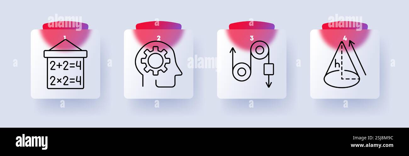Icône de l'ensemble éducation et mathématiques. Tableau de mathématiques, pensée analytique, processus mécanique, géométrie, apprentissage, logique, ingénierie, développement académique Illustration de Vecteur