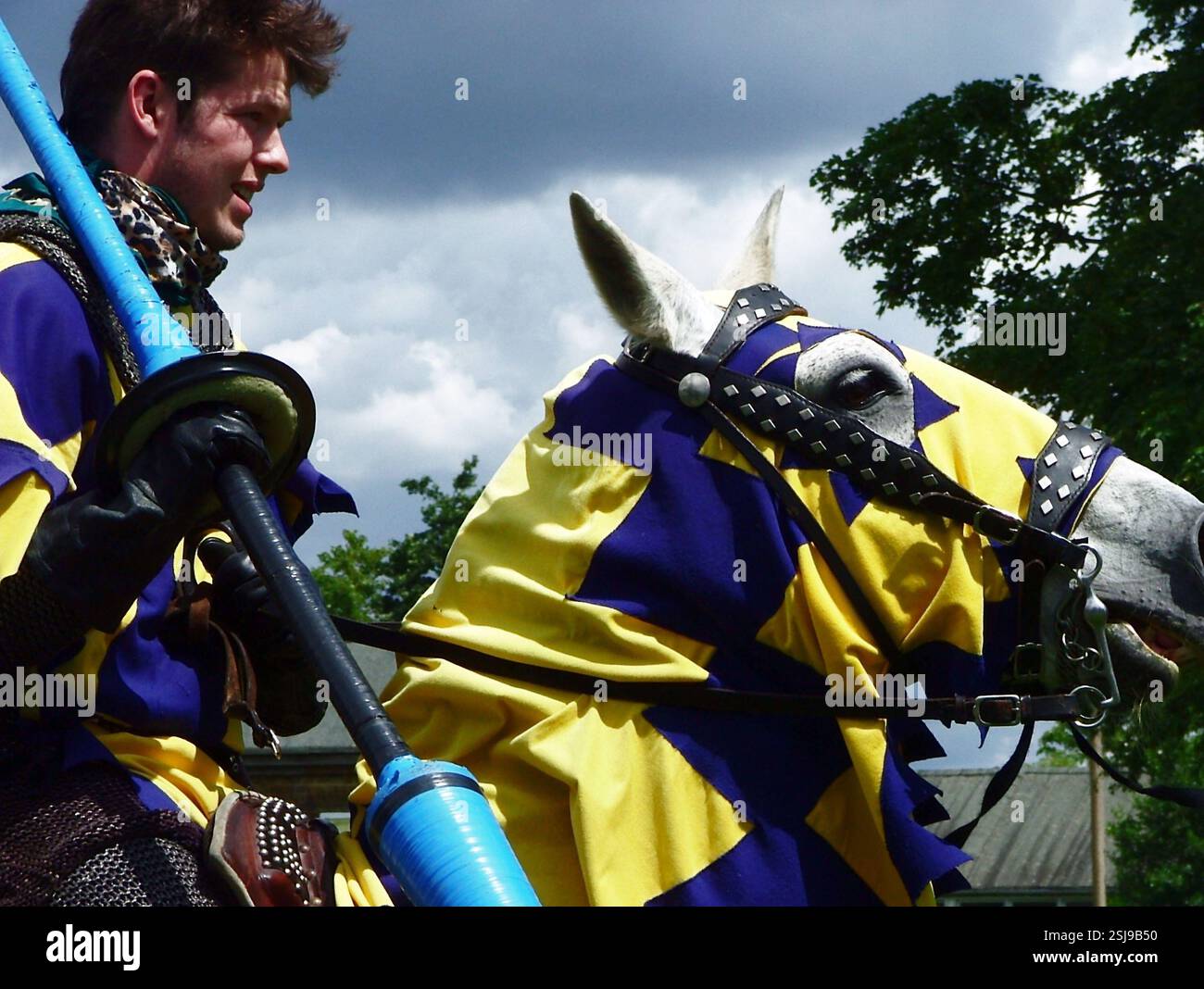 Reconstituteur historique, homme habillé comme chevalier d'âge moyen à cheval, tenant la lance, cheval portant le caparison (trappeur) tissu décoré, joutes Banque D'Images