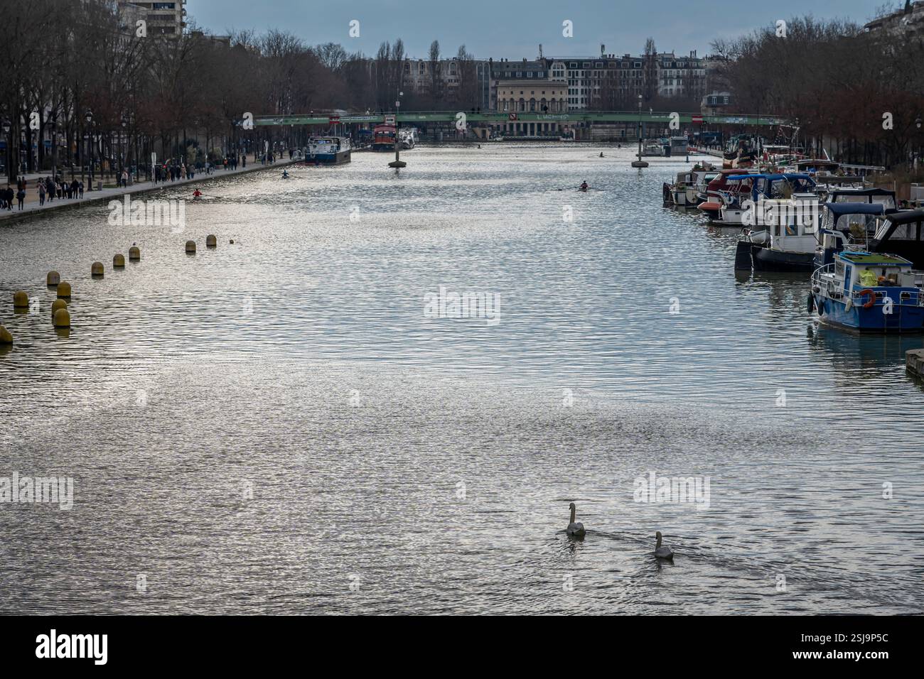 Paris, France - 02 08 2025 : vue sur le bassin de la Villette, les bateaux, la rotonde de Stalingrad et une paire de cygnes nageant dans l'eau pour la Saint-Valentin Banque D'Images