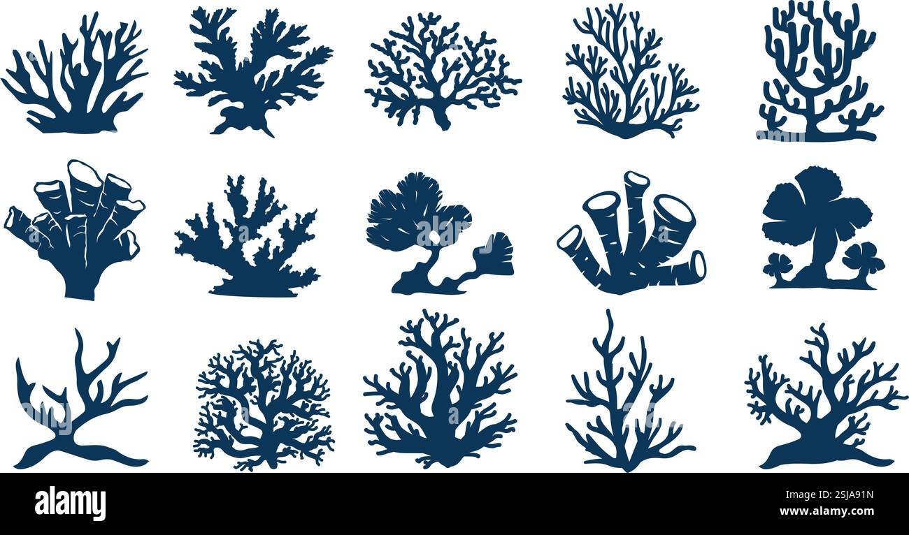 Silhouettes de coraux de récif. Flore sous-marine de récif marin, diverses formes de corail et contours de plantes marines. Décorations de silhouette isolée de végétation aquatique Illustration de Vecteur