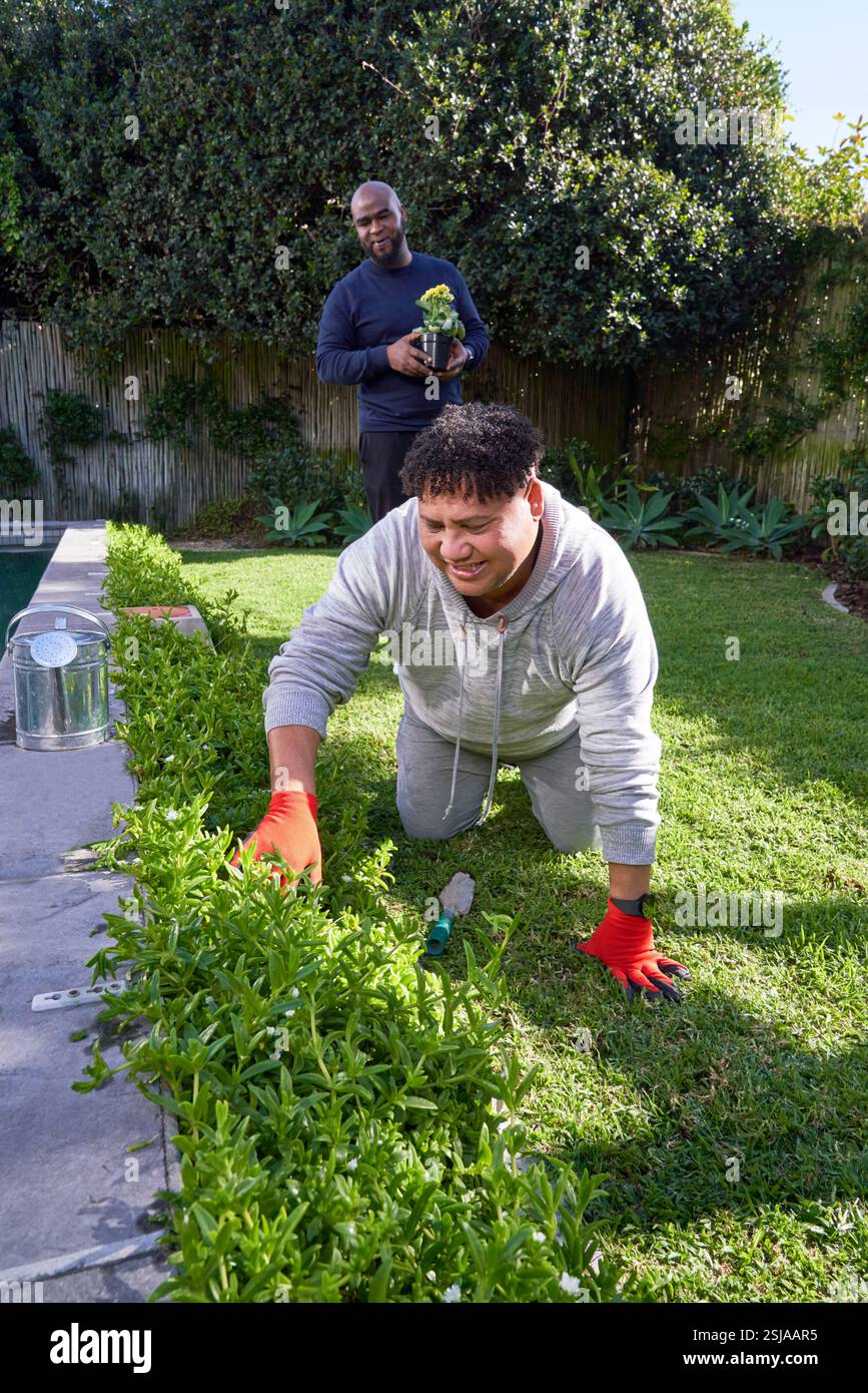 Homme plantant des fleurs dans le jardin Banque D'Images