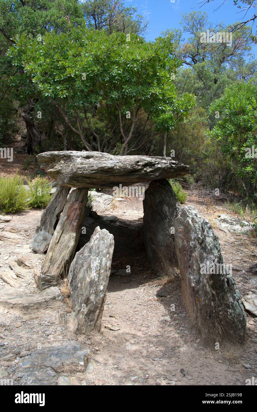 Coll de Medàs i dolmen. Passage tombeau 3500-3000 av. J.-C. construit avec schiste. Cantallops, Alt Empordà ; Gérone, Catalogne, Espagne. Banque D'Images