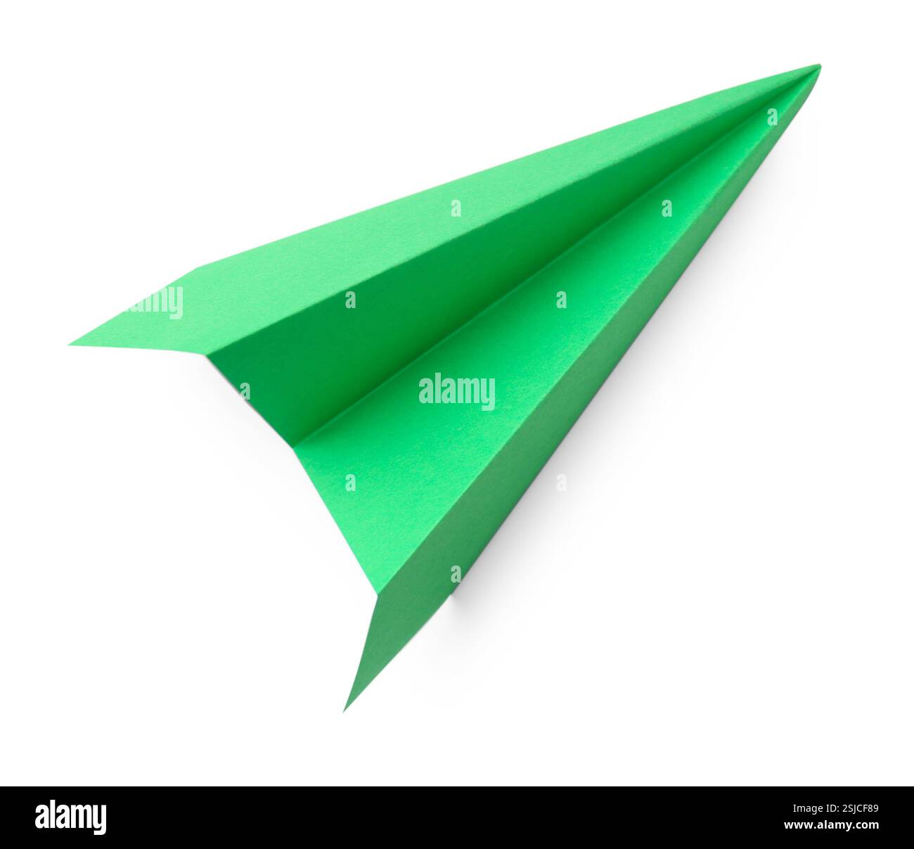 Un avion de papier vert fait à la main isolé sur blanc, vue de dessus Banque D'Images