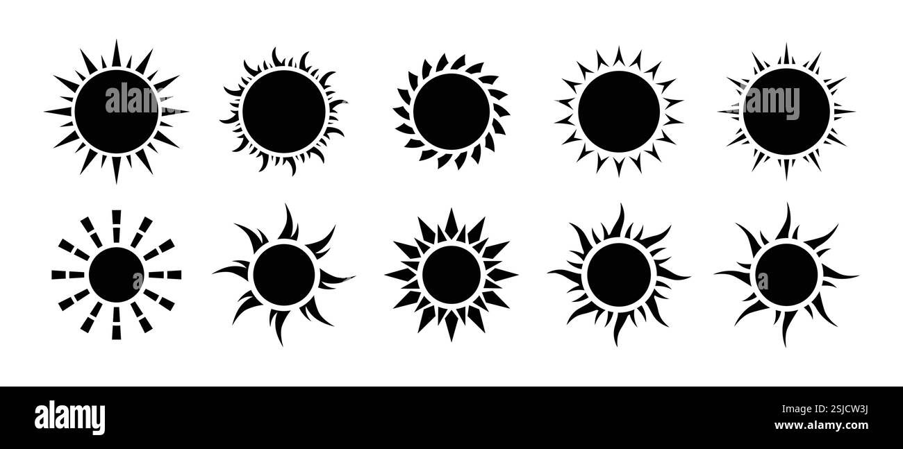 Ensemble d'icône de soleil noir dans la conception de silhouette. Icône isolée solaire, soleil, collection Sunset. illustration vectorielle. Illustration de Vecteur