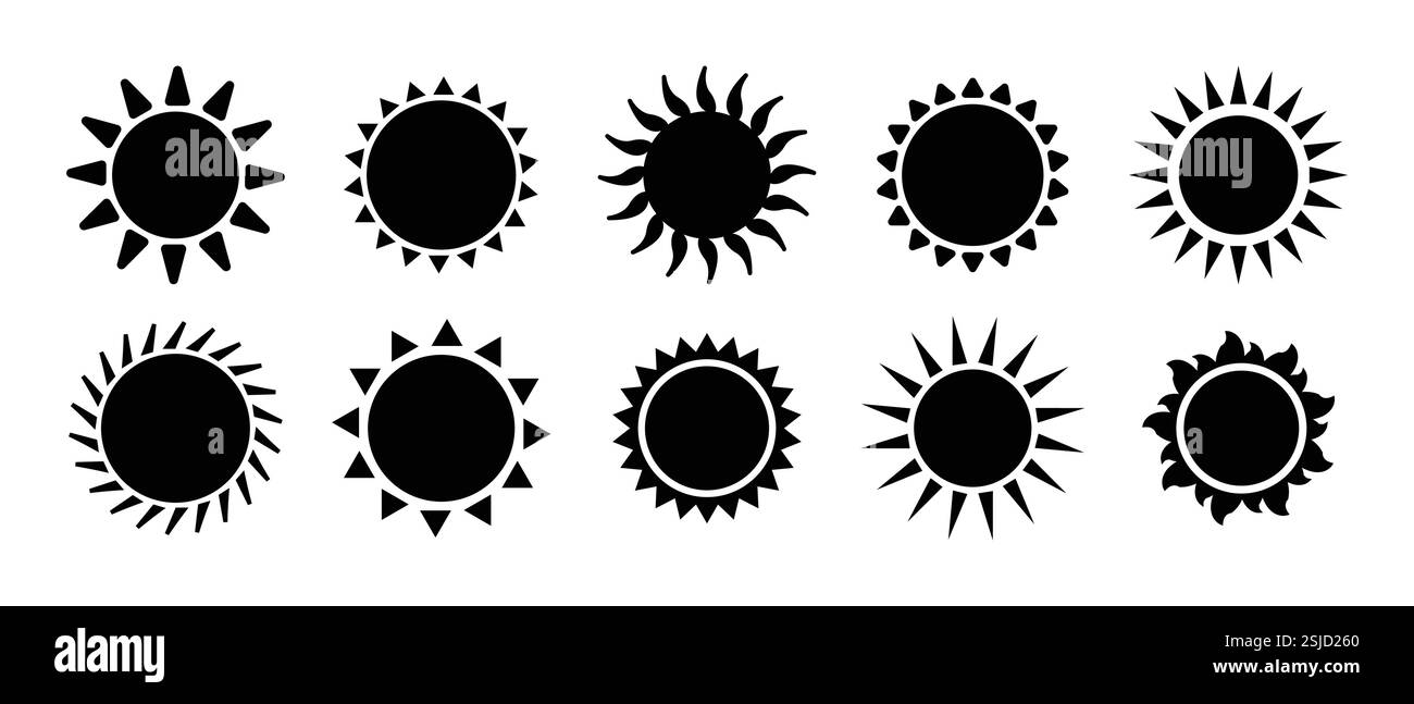 Ensemble d'icône de soleil noir dans la conception de silhouette. Icône isolée solaire, soleil, collection Sunset. illustration vectorielle. Illustration de Vecteur