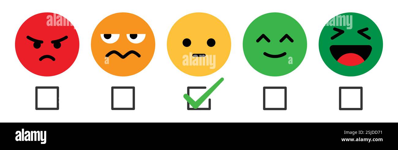 Icône Emoji d'évaluation, évaluation de l'avis du consommateur ou du client, case à cocher emoji set, commentaires du client. illustration vectorielle. Illustration de Vecteur
