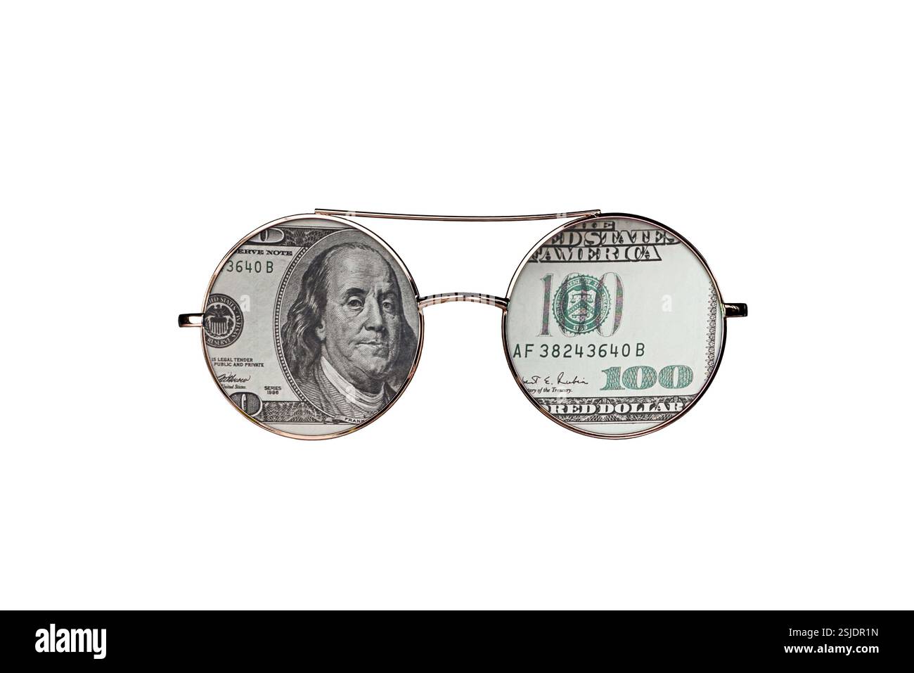 Lunettes à monture dorée de forme ronde avec découpe isolée de lentilles en argent liquide américain Banque D'Images