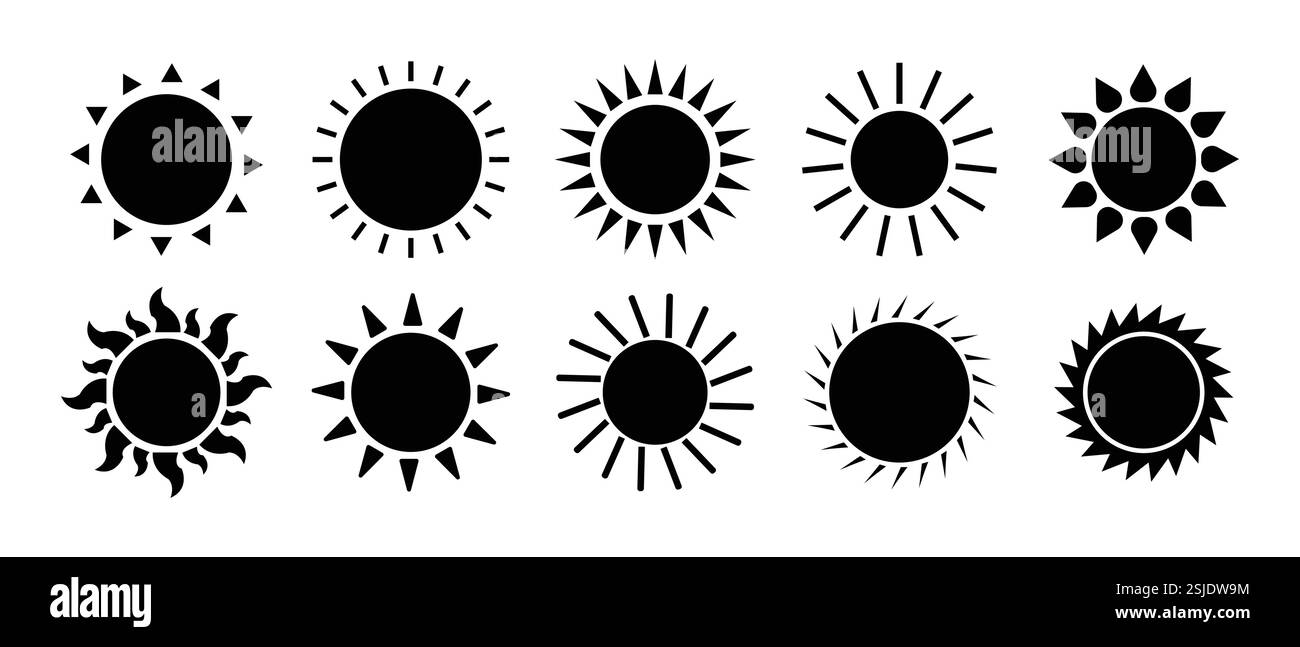 Ensemble d'icône de soleil noir dans la conception de silhouette. Icône isolée solaire, soleil, collection Sunset. illustration vectorielle. Illustration de Vecteur