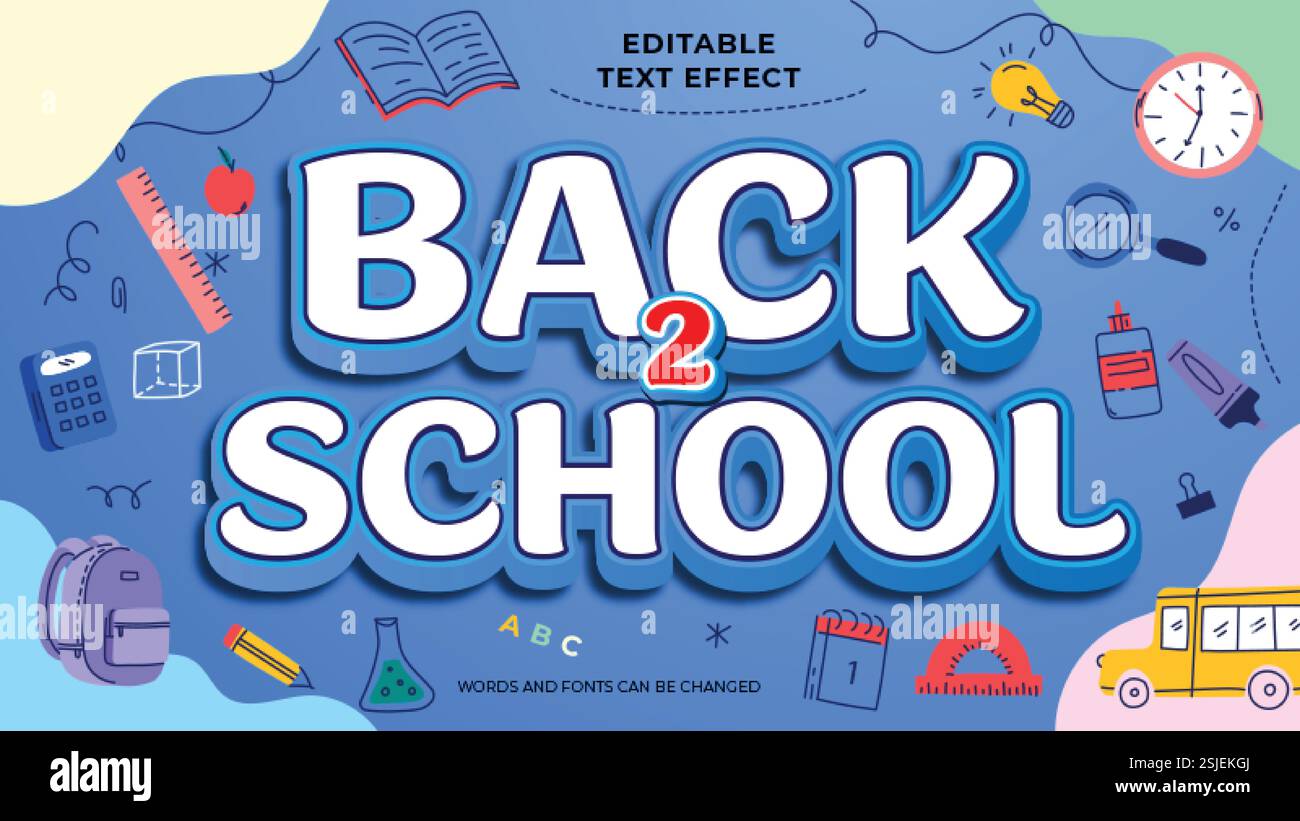 Retour à l'école effet texte modifiable avec fournitures scolaires Illustration de Vecteur