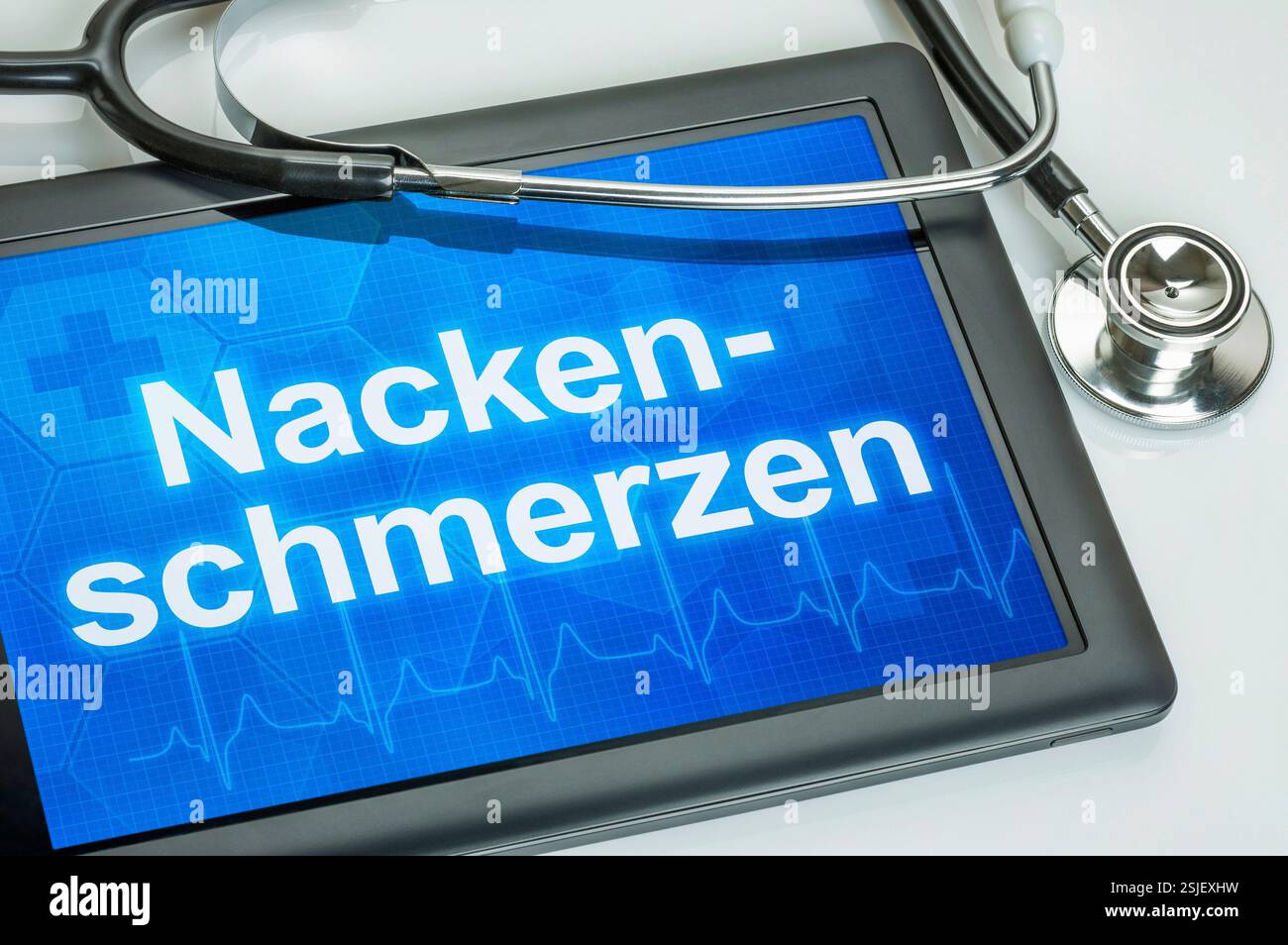Tablette avec un diagnostic de douleur cervicale sur l'écran Banque D'Images