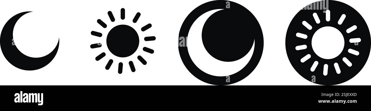 Collection d'icônes Soleil et Lune - symboles célestes en noir et blanc Illustration de Vecteur